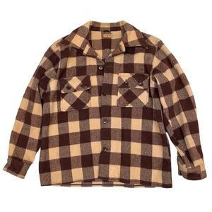Vintage 70's Minnesota Woolen Brown Beige Buffalo Plaid Huntin Wool Shirt Jacket